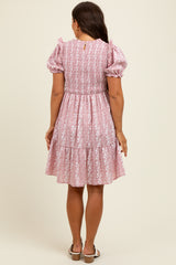 Pink Floral Smocked Ruffle Accent Maternity Dress
