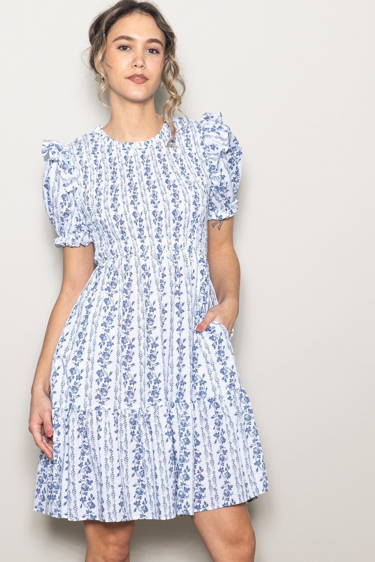 White Floral Smocked Ruffle Accent Dress