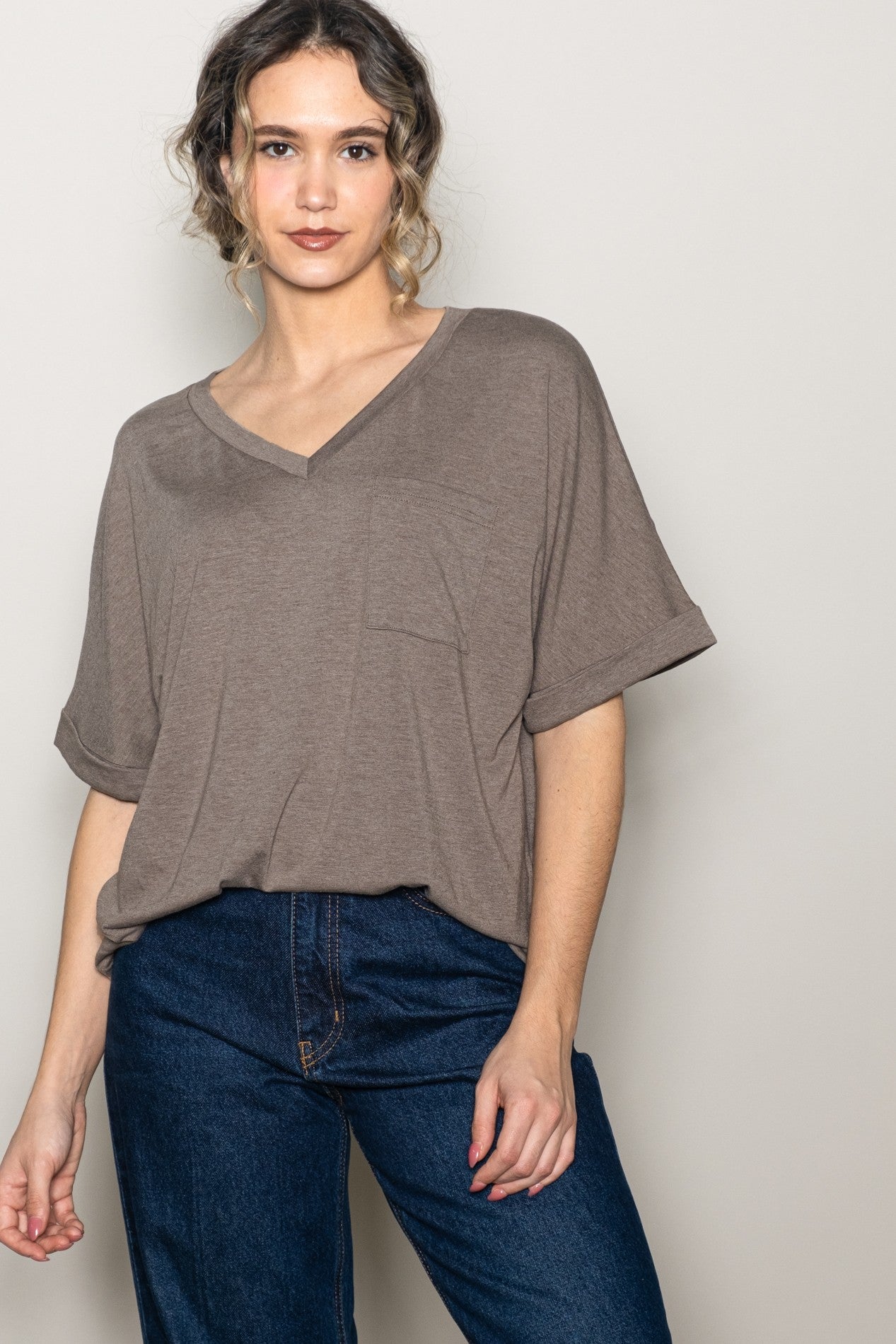 Mocha Oversized V-Neck Front Pocket T-Shirt