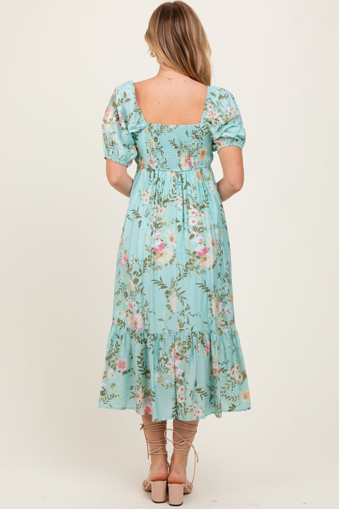 Mint Floral Pleated Bust Puff Sleeve Midi Dress