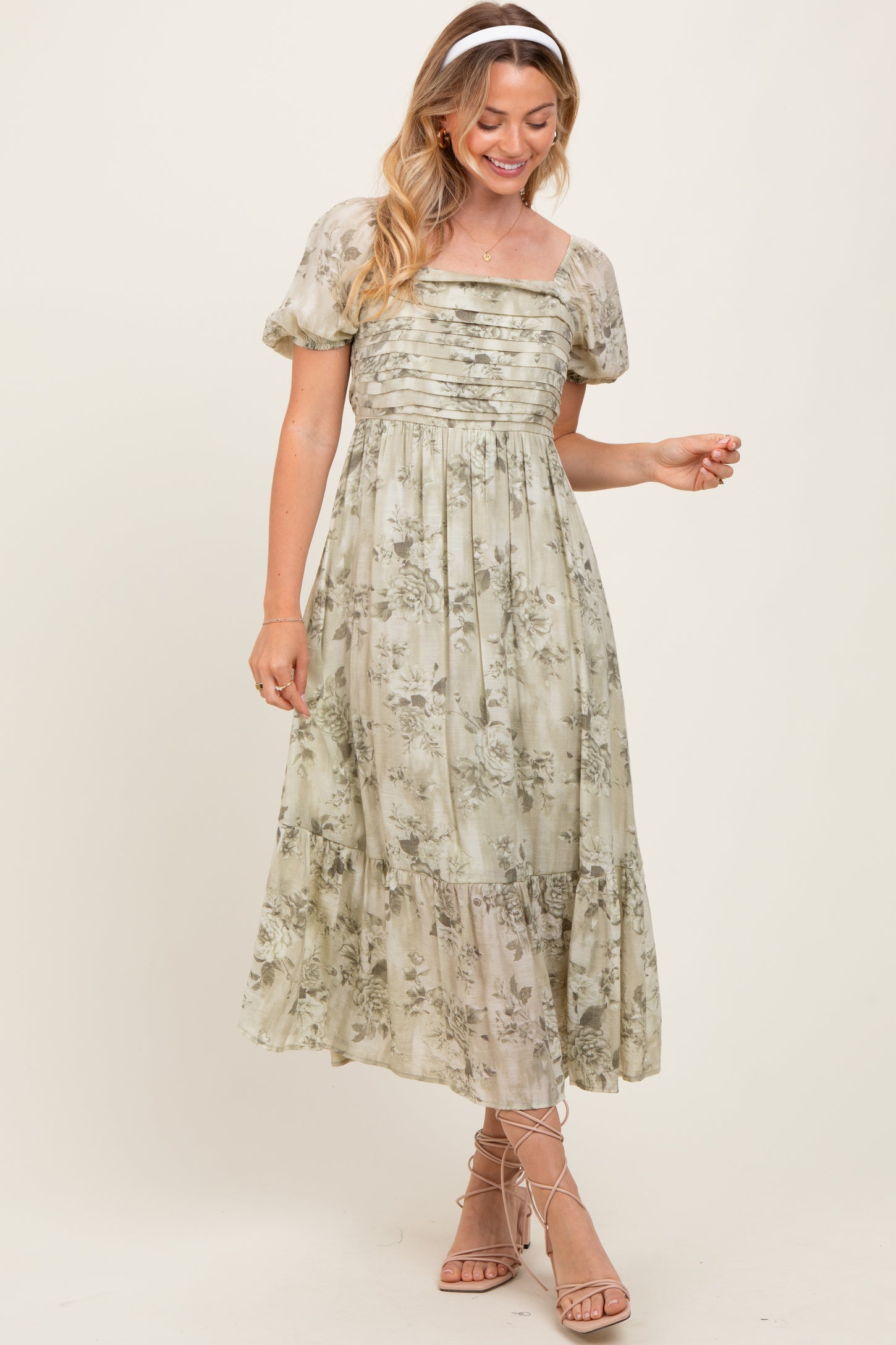 Olive Floral Pleated Bust Puff Sleeve Maternity Midi Dress