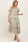 Olive Floral Pleated Bust Puff Sleeve Midi Dress