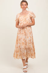 Peach Floral Pleated Bust Puff Sleeve Maternity Midi Dress