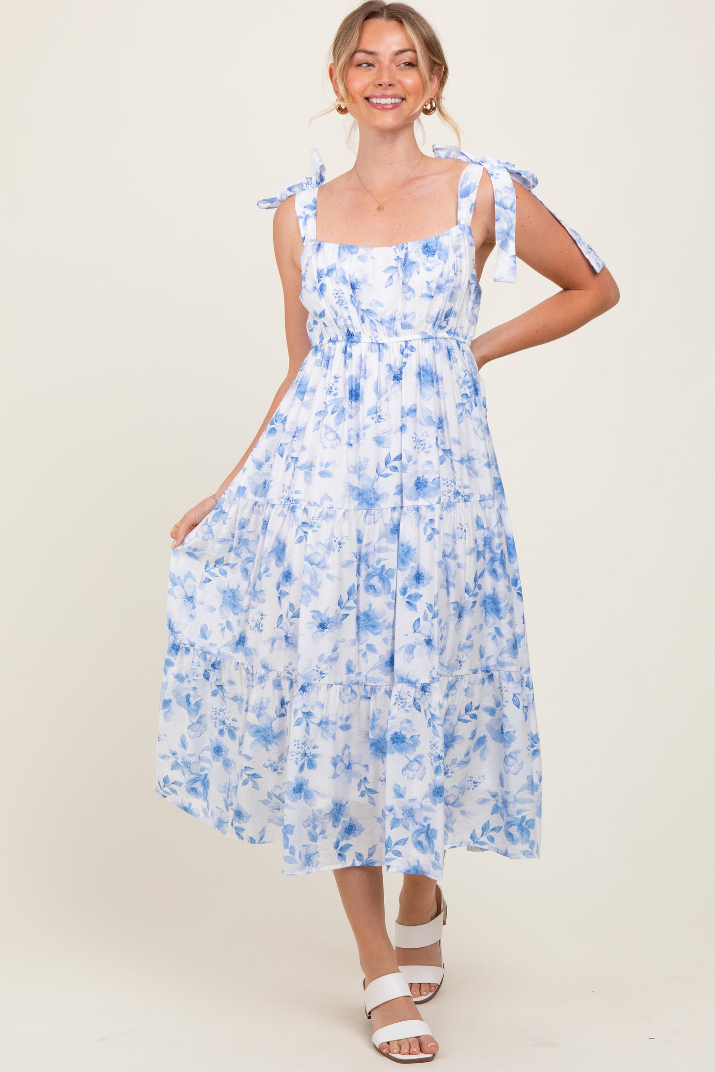 Blue Floral Shoulder Tie Tiered Midi Dress