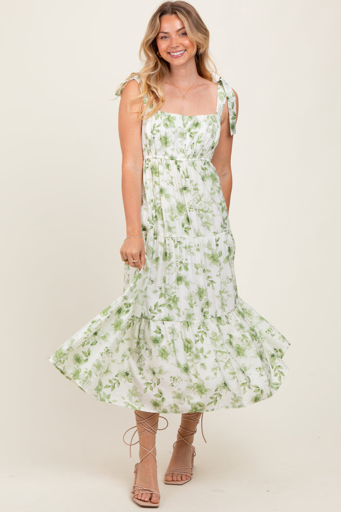 Olive Floral Shoulder Tie Tiered Midi Dress