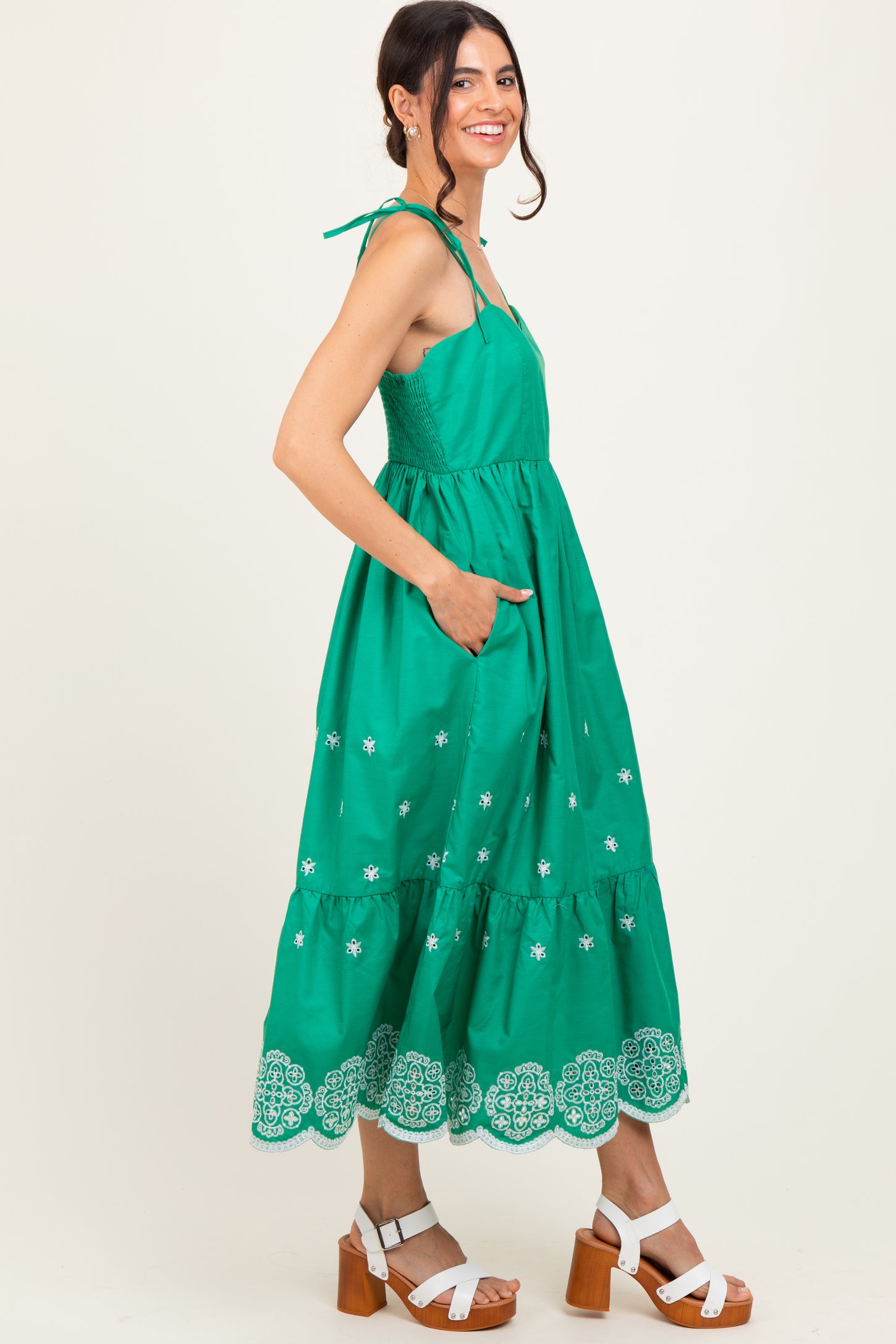 Green Embroidered Shoulder Tie Midi Dress