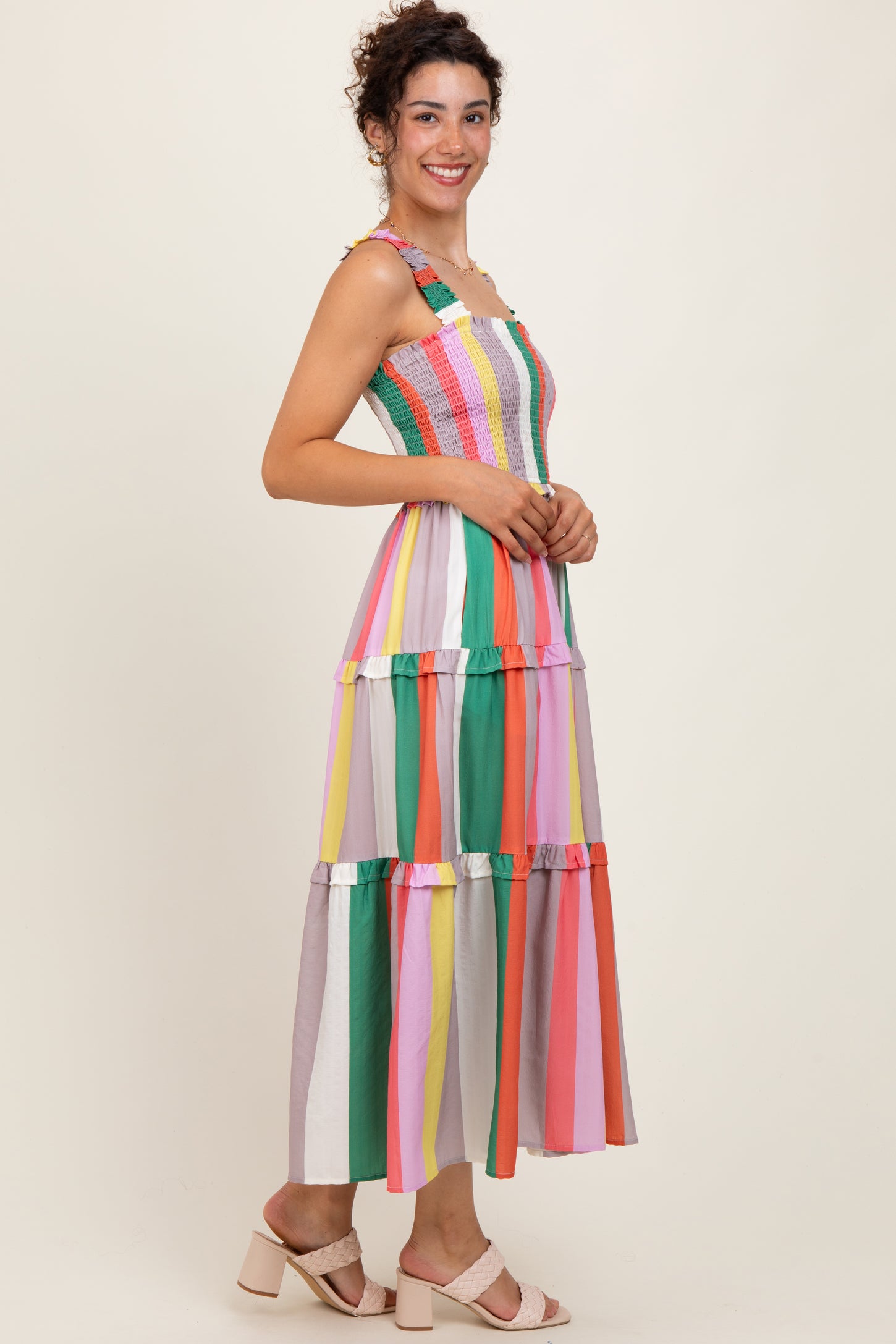 Green Wide Stripe Smocked Tiered Midi Dress
