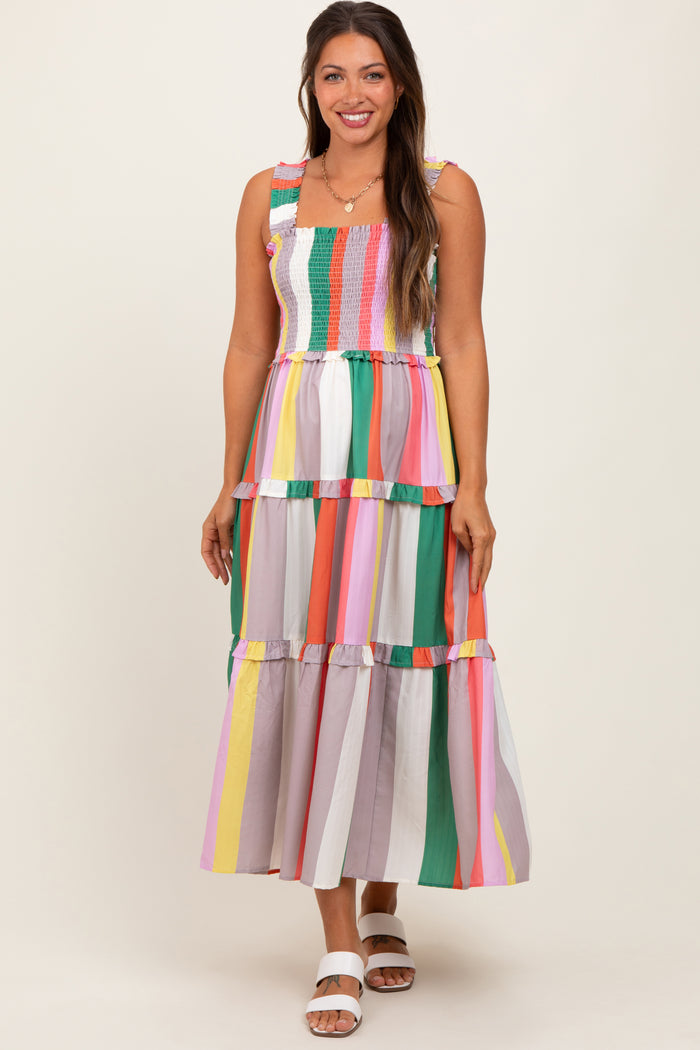Green Wide Stripe Smocked Tiered Maternity Midi Dress