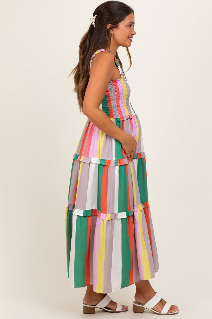 Green Wide Stripe Smocked Tiered Maternity Midi Dress