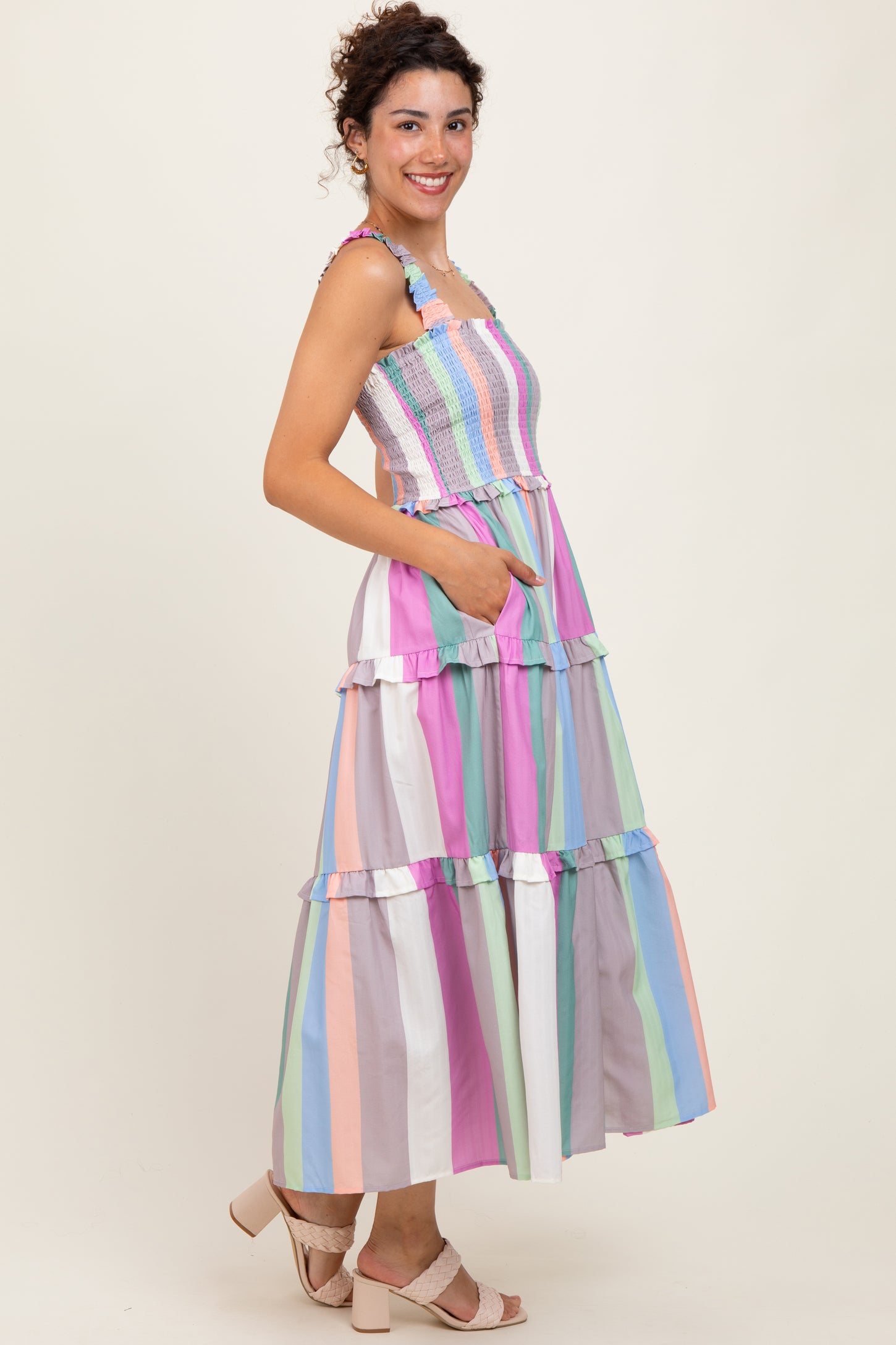 Lavender Wide Stripe Smocked Tiered Midi Dress