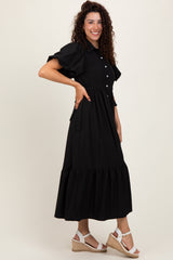Black Puff Sleeve Side Tie Midi Shirt Dress