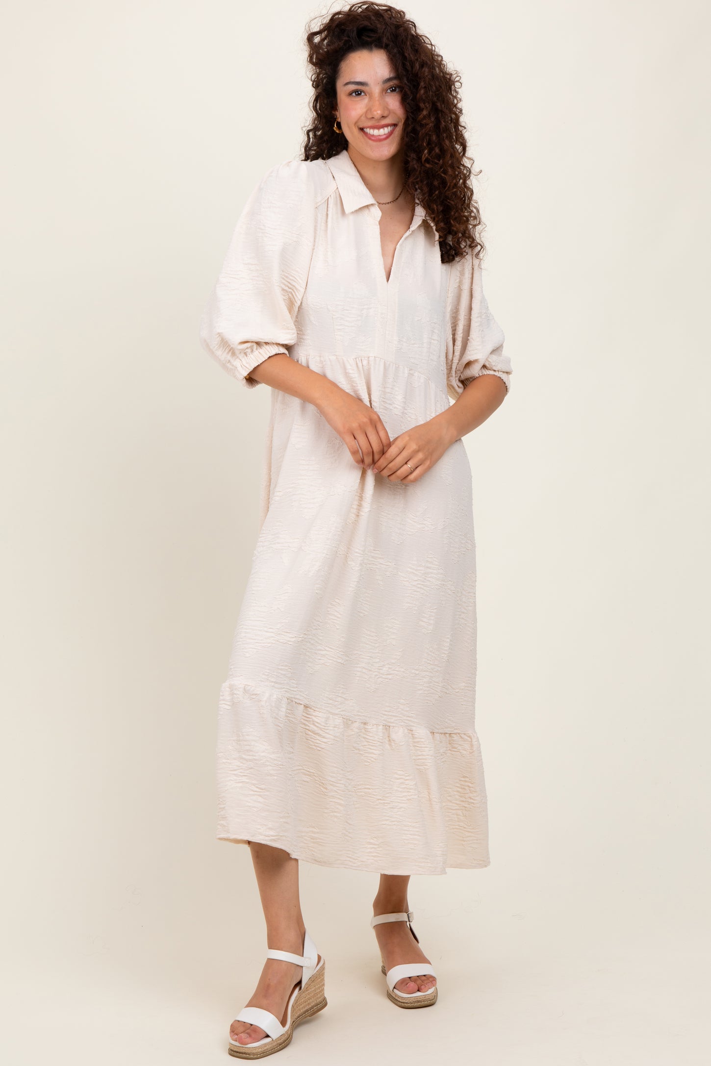 Cream Floral Applique Collared Midi Dress