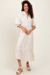 Cream Floral Applique Collared Maternity Midi Dress