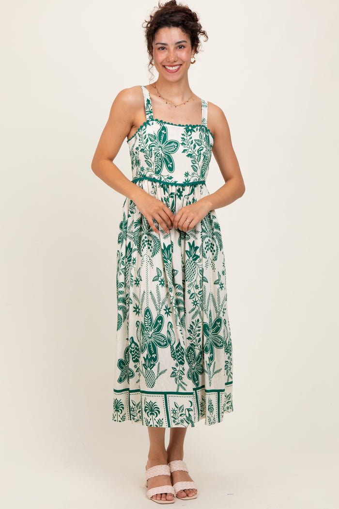 Green Floral Scallop Trim Midi Dress