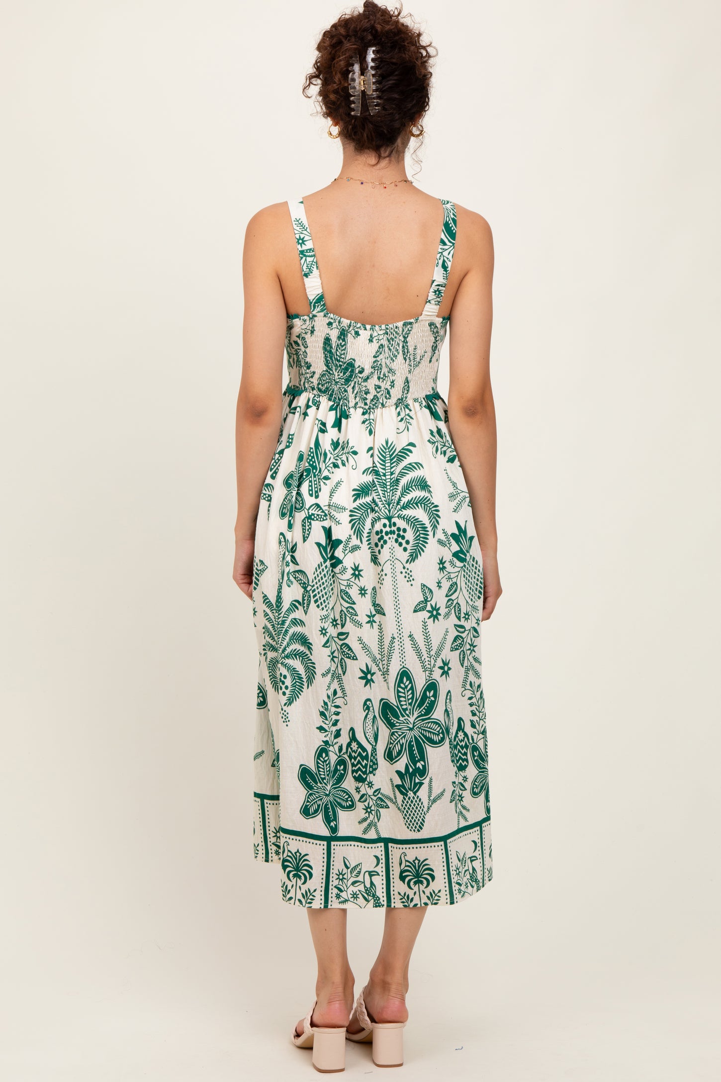 Green Floral Scallop Trim Midi Dress