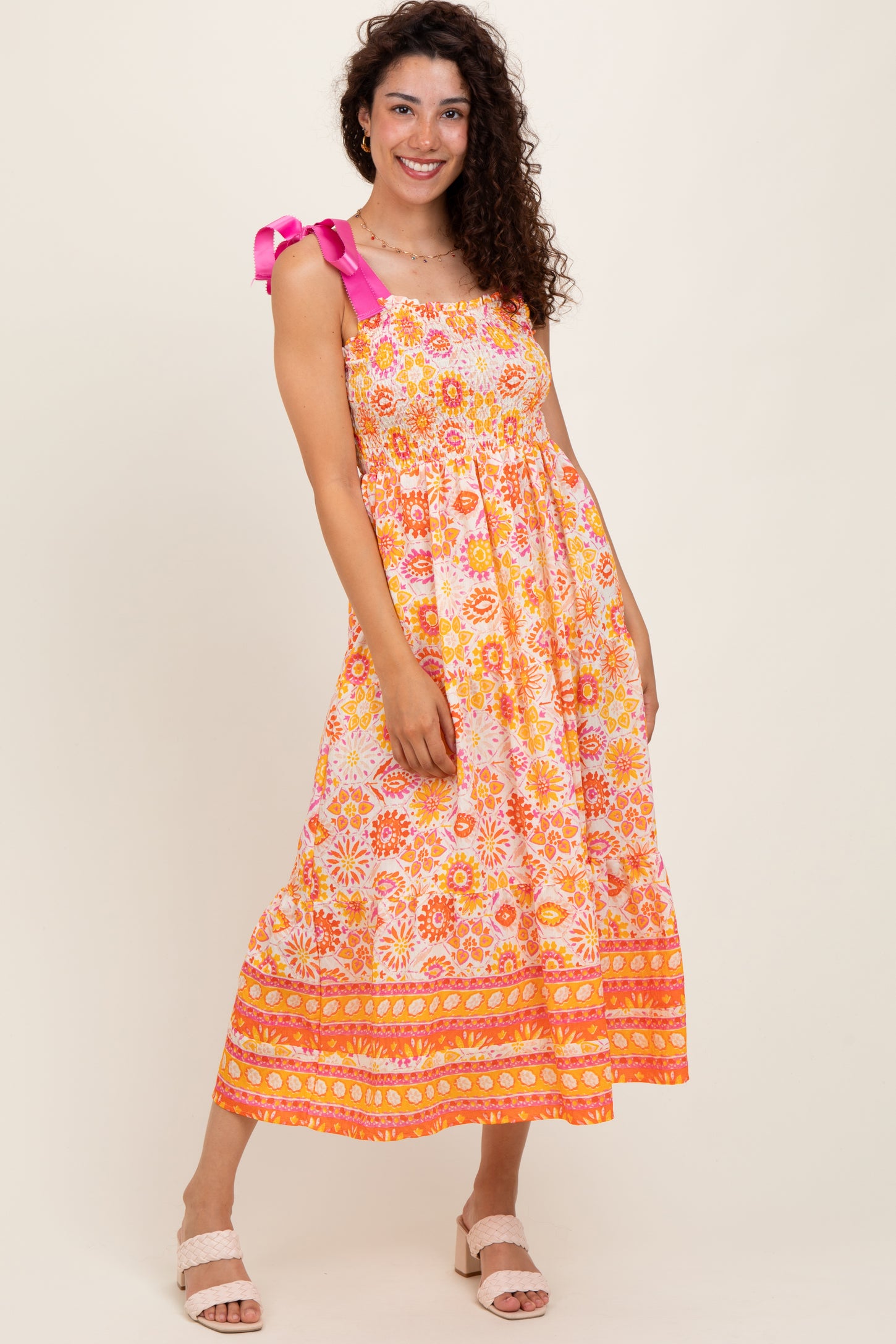 Yellow Floral Shoulder Tie Smocked Maternity Midi Dress