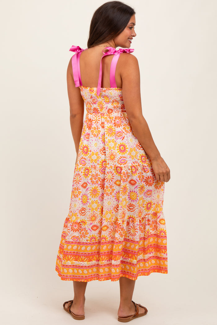Yellow Floral Shoulder Tie Smocked Maternity Midi Dress