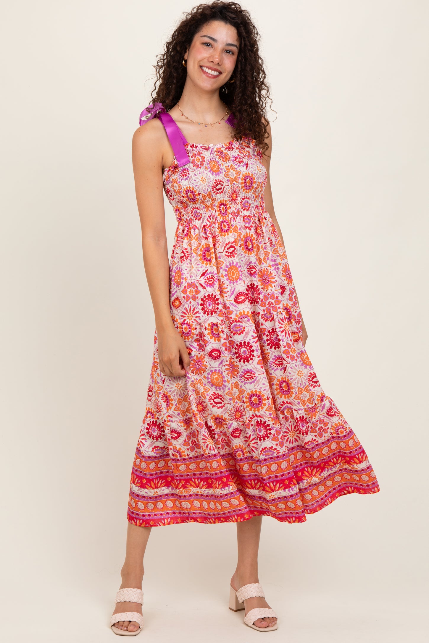 Orange Floral Shoulder Tie Smocked Maternity Midi Dress