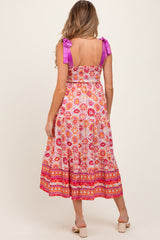 Orange Floral Shoulder Tie Smocked Maternity Midi Dress