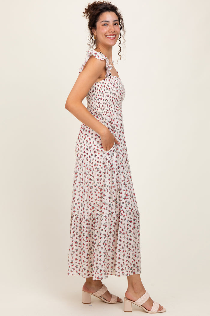 Red Floral Bow Trim Lace Detail Smocked Maxi Dress
