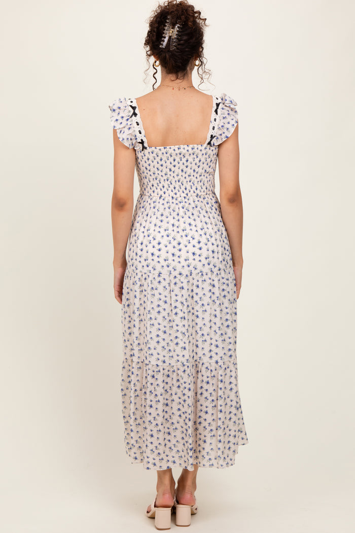 Blue Floral Bow Trim Lace Detail Smocked Maxi Dress