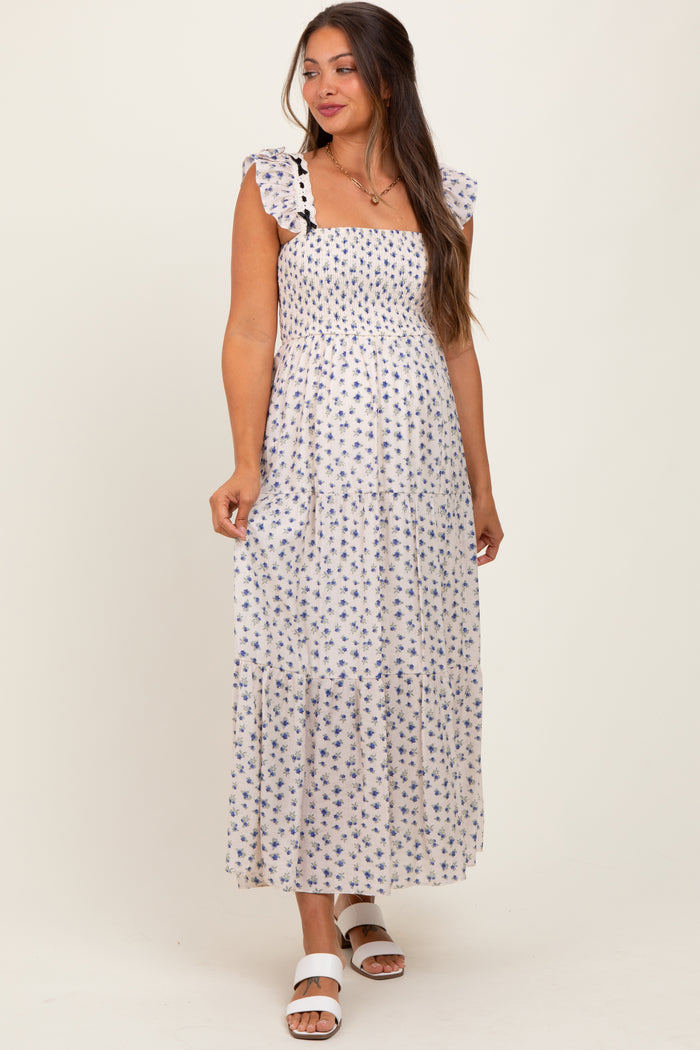 Blue Floral Bow Trim Lace Detail Smocked Maternity Maxi Dress