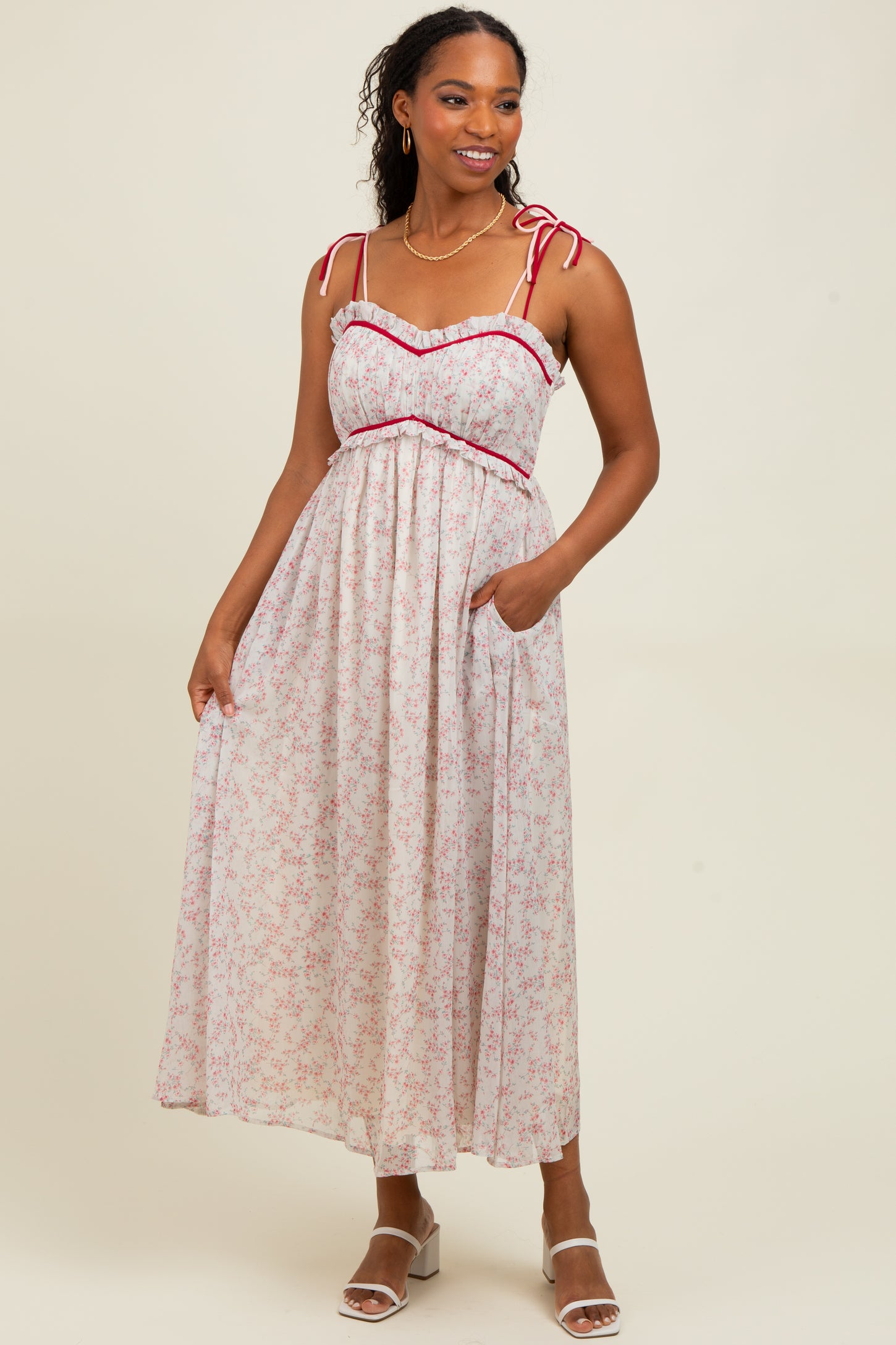 Pink Floral Ruffle Detail Shoulder Tie Maternity Midi Dress