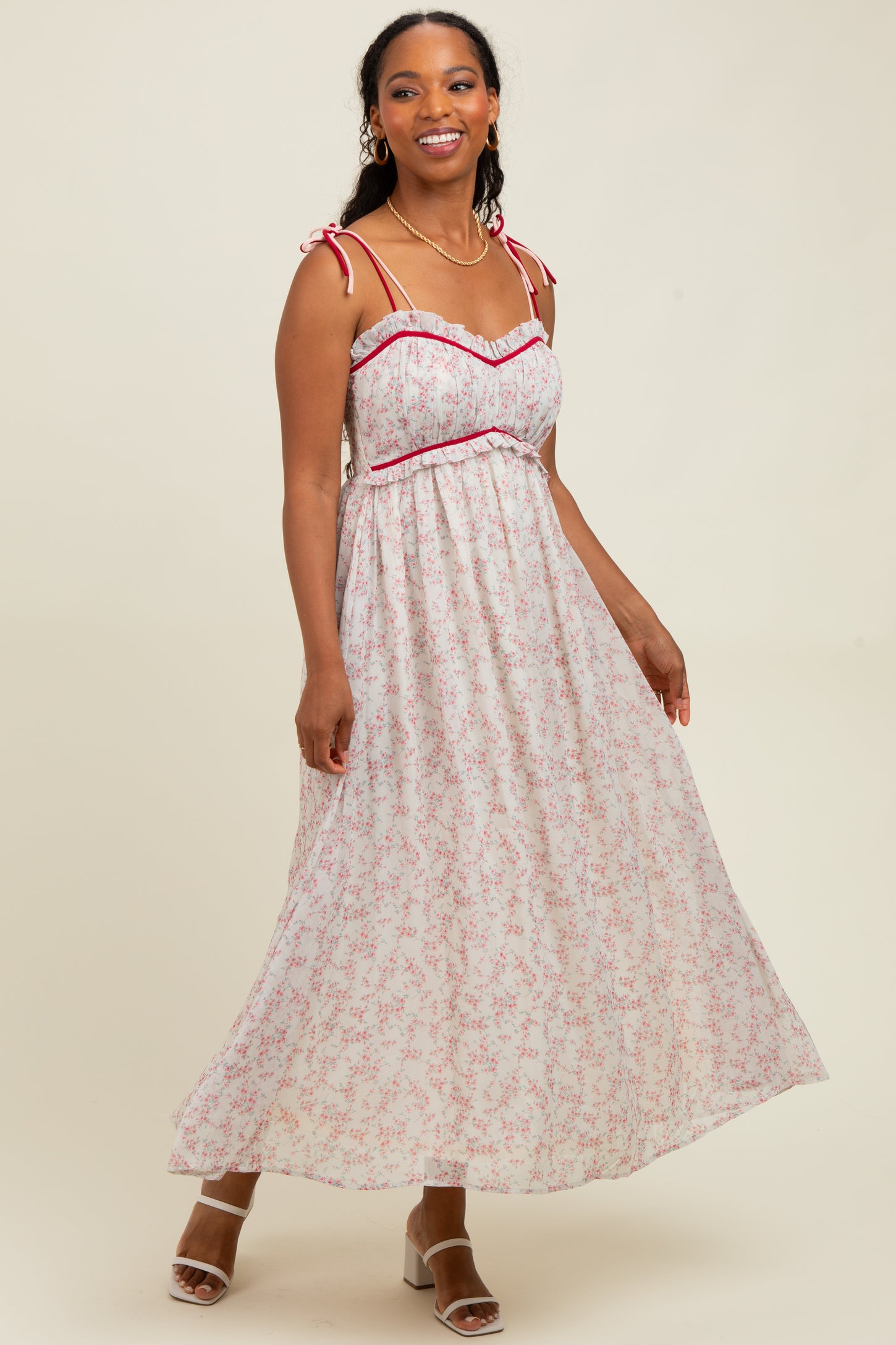 Pink Floral Ruffle Detail Shoulder Tie Midi Dress