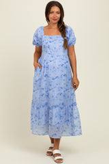 Blue Abstract Puff Sleeve Ruffle Detail Maternity Midi Dress