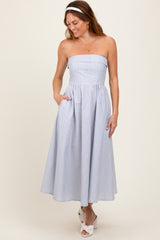 Blue Multi Stripe Strapless Midi Dress