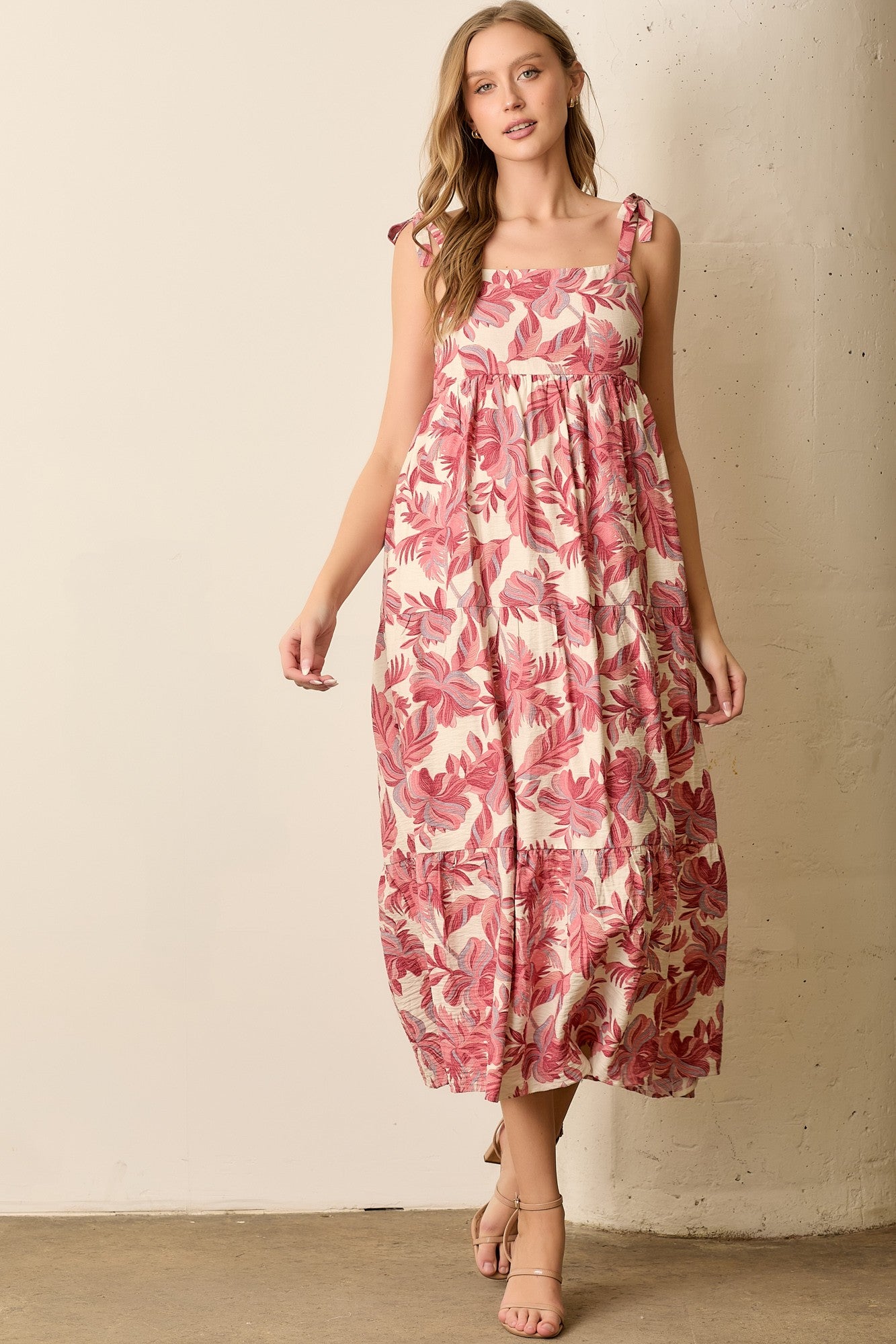 Mauve Floral Shoulder Tie Maternity Midi Dress