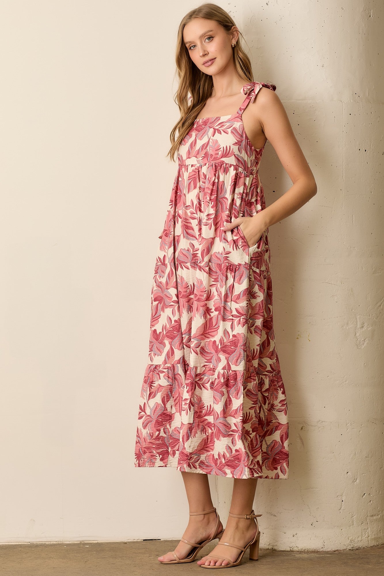 Mauve Floral Shoulder Tie Midi Dress