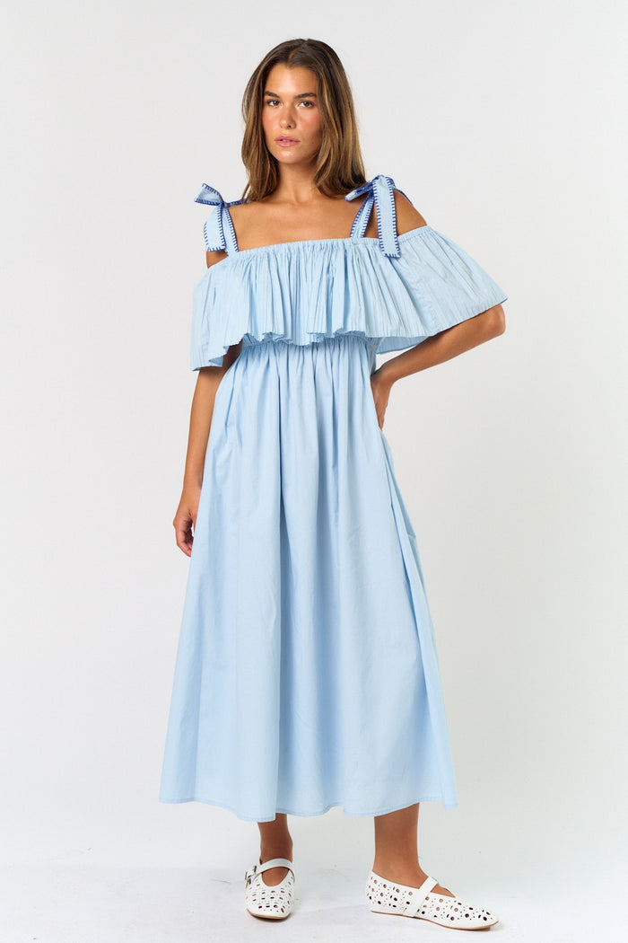 Light Blue Shoulder Tie Flounce Midi Dress