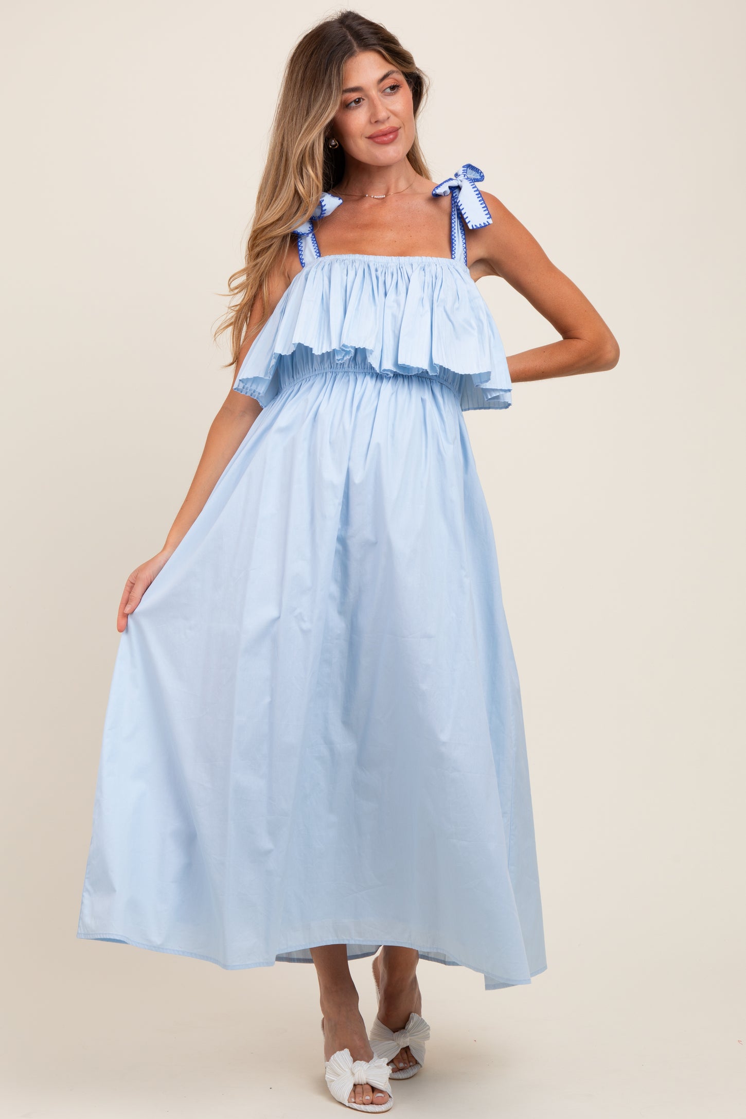 Light Blue Shoulder Tie Flounce Maternity Midi Dress