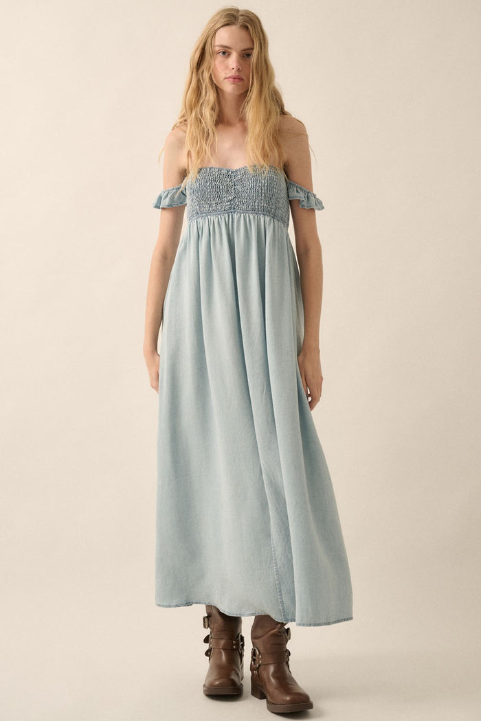 Light Chambray Smocked Denim Off-Shoulder Maternity Maxi Dress