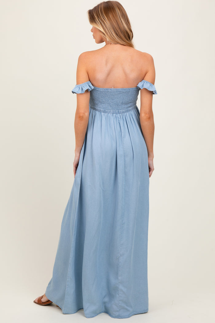 Light Chambray Smocked Denim Off-Shoulder Maternity Maxi Dress