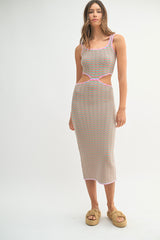 Pink Chevron Knit Cutout Midi Dress
