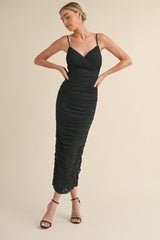 Black Mesh Ruched Fitted Midi Dress