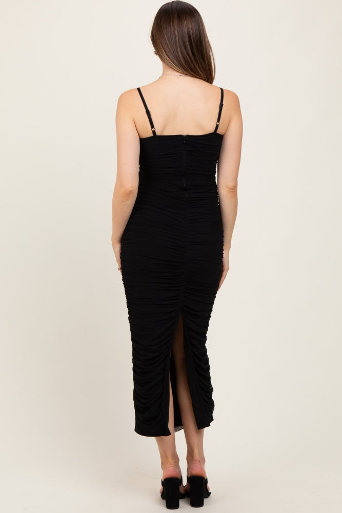 Black Mesh Ruched Fitted Maternity Midi Dress