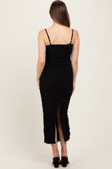 Black Mesh Ruched Fitted Maternity Midi Dress