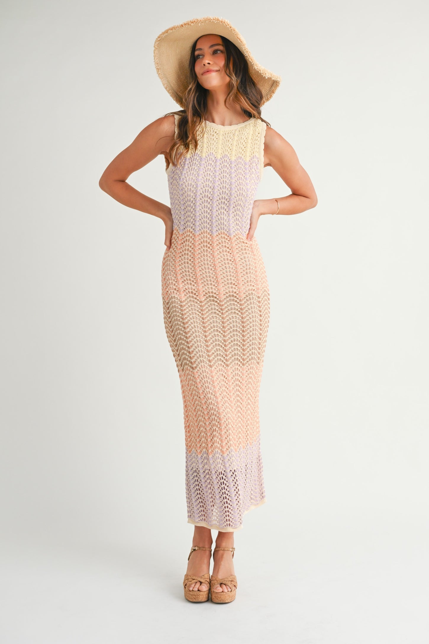 Peach Colorblock Crochet Knit Open Tie Back Maxi Dress