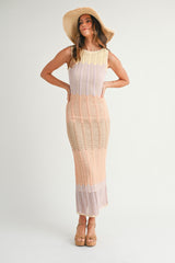 Peach Colorblock Crochet Knit Open Tie Back Maxi Dress