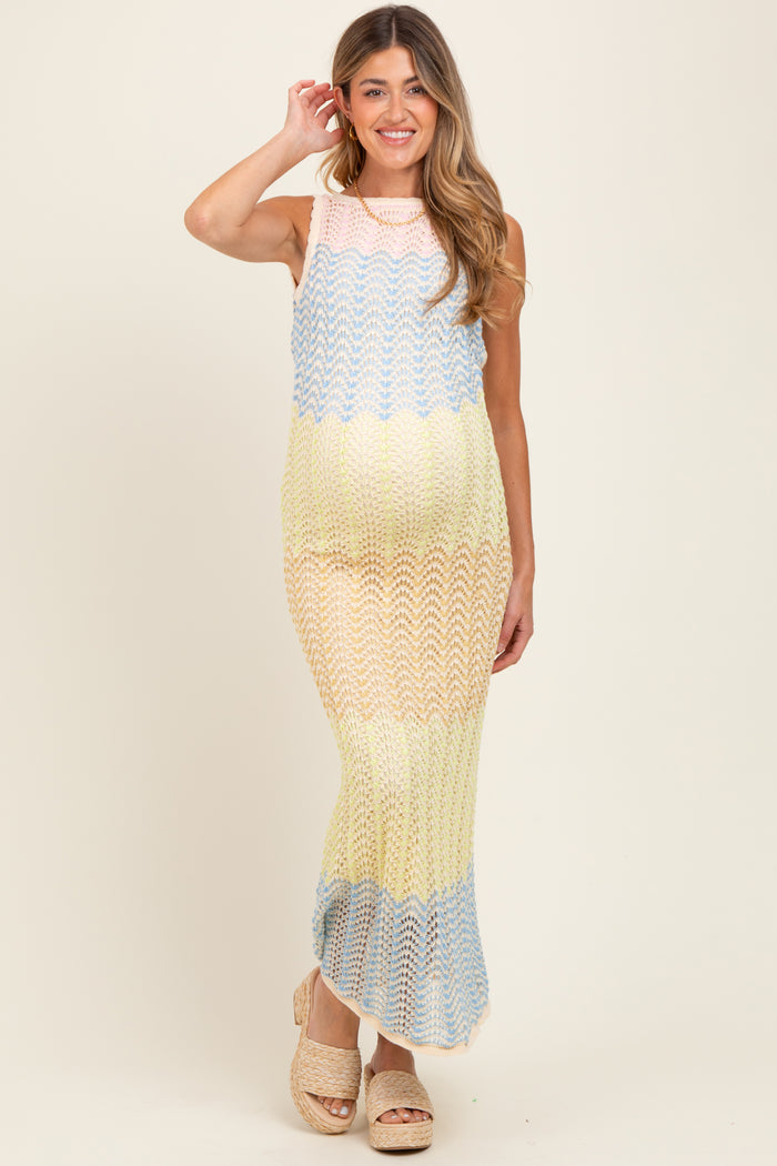 Yellow Colorblock Crochet Knit Open Tie Back Maternity Maxi Dress