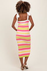 Pink Colorblock Stripe Shoulder Tie Maternity Midi Dress