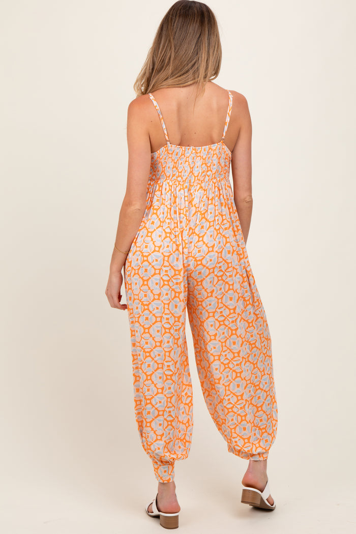 Peach Printed Button Detail Maternity Jumpsuit
