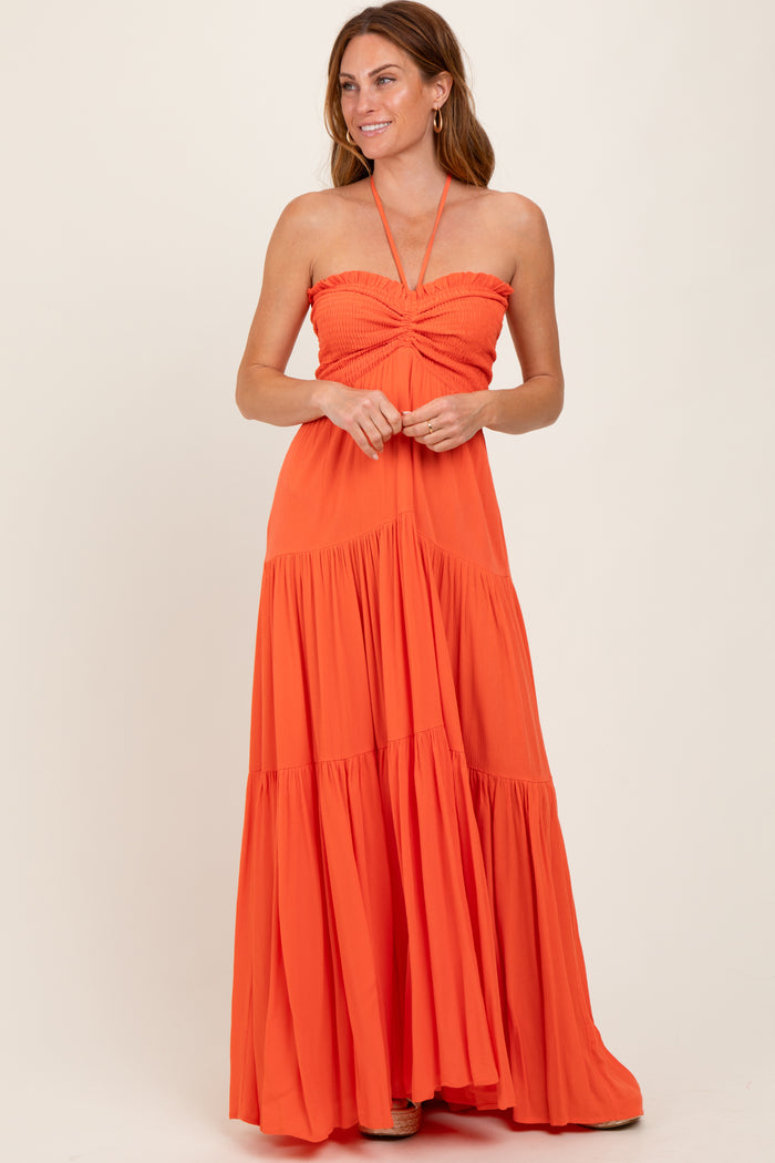 Orange Smocked Halter Tiered Maternity Maxi Dress