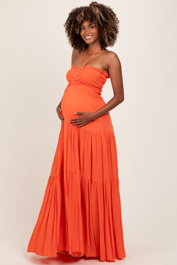 Orange Smocked Halter Tiered Maternity Maxi Dress