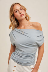 Light Blue Asymmetrical Neck Line Ruched Knit Top