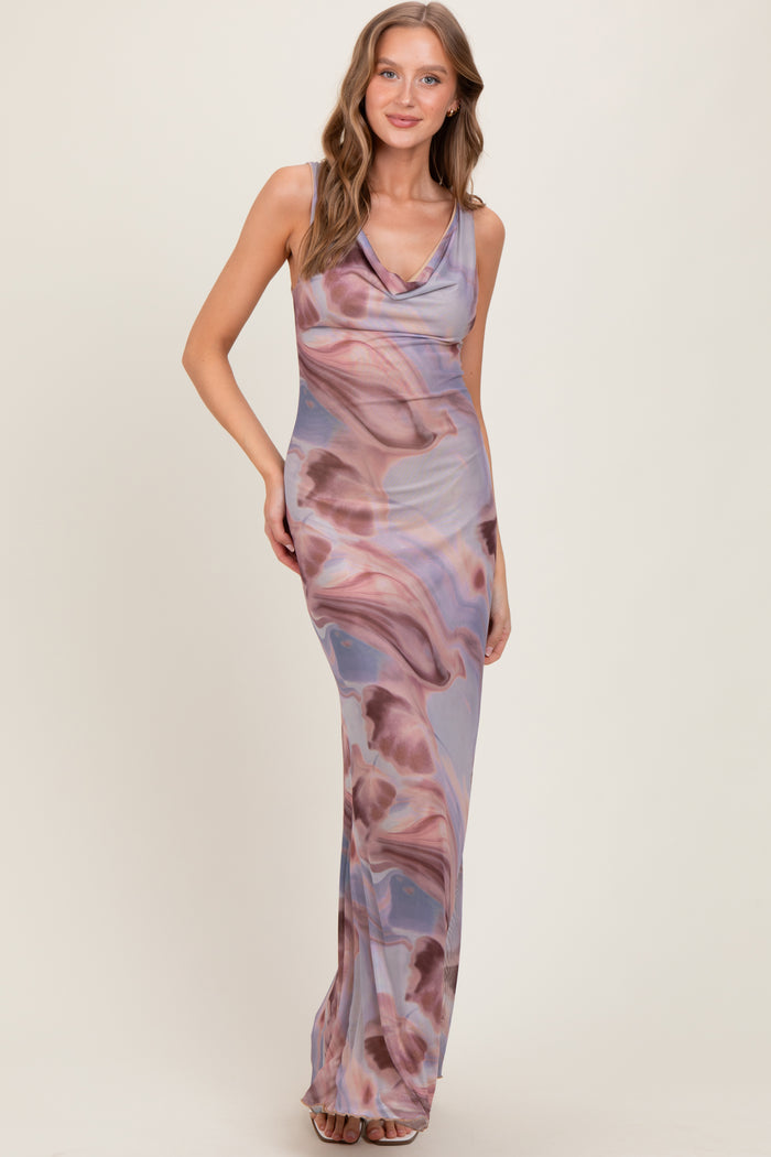 Mauve Watercolor Draped Neck Maxi Dress