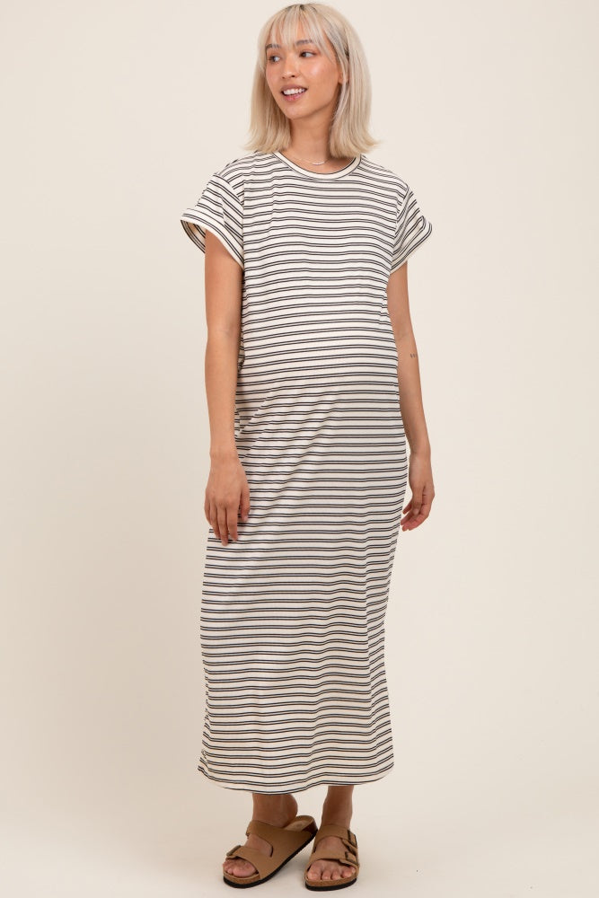 Black Striped Maternity Midi T-Shirt Dress